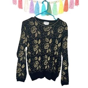 Vintage 80s 90s Koret Metallic Gold Rose Floral Printed Knitted Sweater Medium